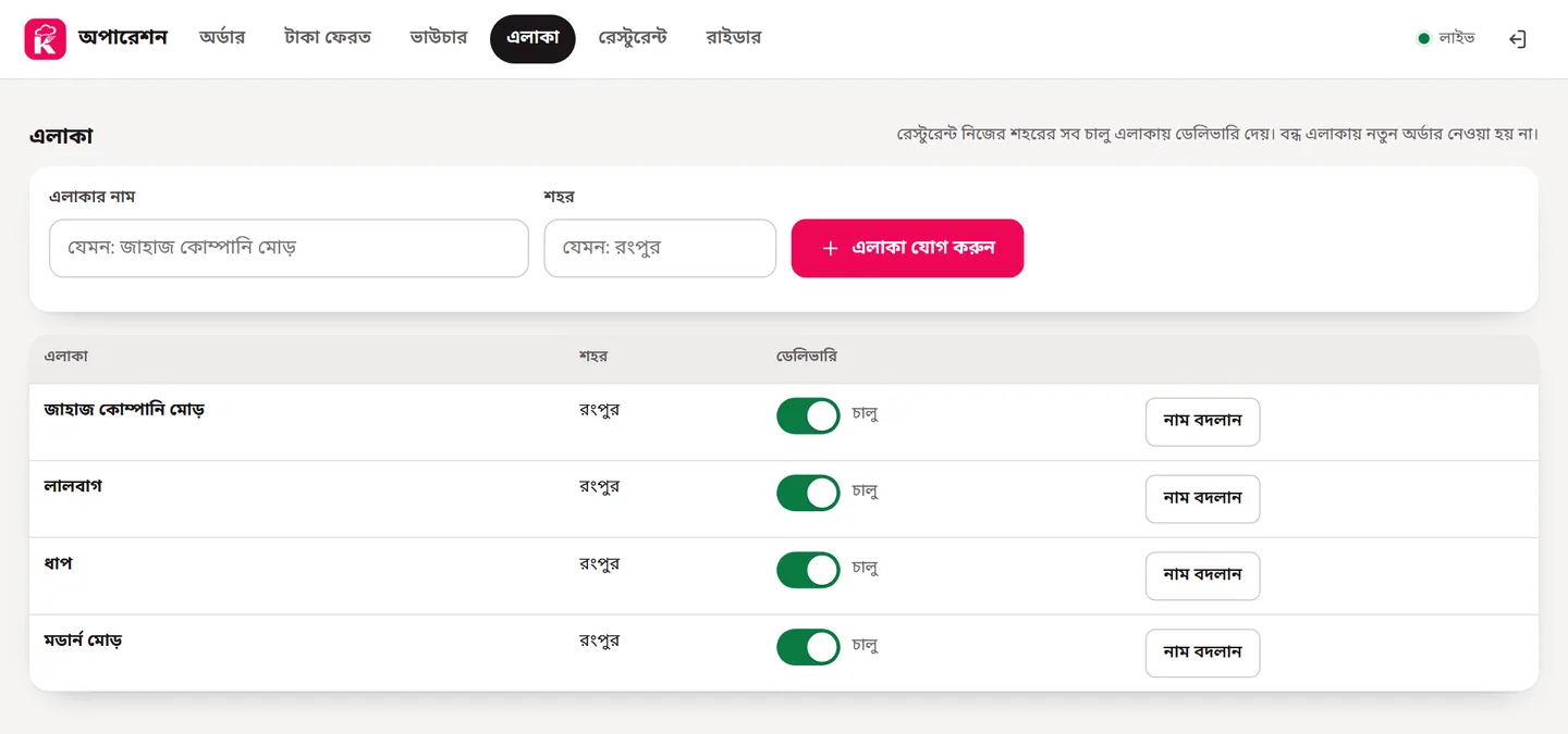 এলাকার তালিকা আর নতুন এলাকার ফর্ম